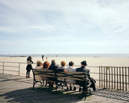 brighton beach, brooklyn, new york, bench, elderly, classic, boardwalk, beach, railing, blue sky, 6x7, kodak, film